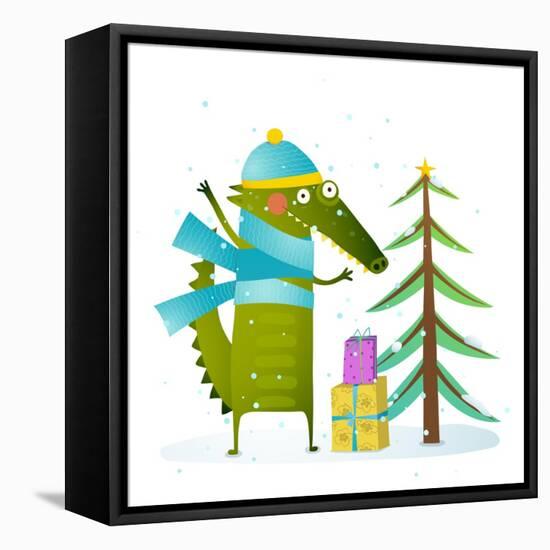 Crocodile Wearing Winter Warm Clothes Celebrating Holiday. Seasonal Animal Cartoon for Children. Gr-Popmarleo-Framed Stretched Canvas