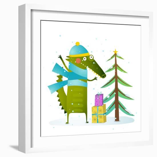 Crocodile Wearing Winter Warm Clothes Celebrating Holiday. Seasonal Animal Cartoon for Children. Gr-Popmarleo-Framed Art Print