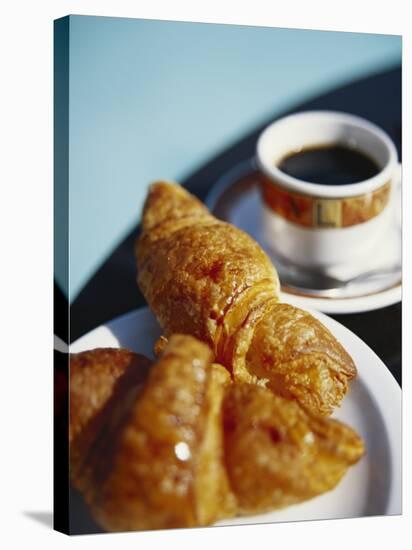Croissant and Black Coffee on Table, St. Martin, Caribbean-Greg Johnston-Stretched Canvas