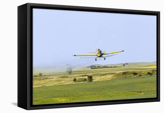 Crop Duster Airplane Spraying Farm Field Near Mott, North Dakota, USA-Chuck Haney-Framed Stretched Canvas