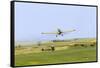 Crop Duster Airplane Spraying Farm Field Near Mott, North Dakota, USA-Chuck Haney-Framed Stretched Canvas