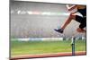 Cropped Image of Woman Practicing Show Jumping against View of a Stadium-vectorfusionart-Mounted Photographic Print