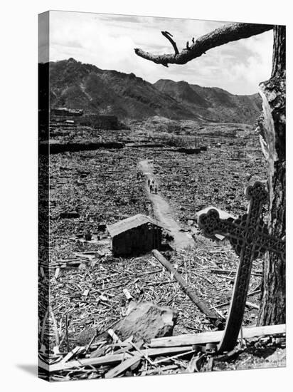 Cross Blown Out of Cathedral by Atomic Bomb Blast Overlooking the Total Devastation of the City-Bernard Hoffman-Stretched Canvas