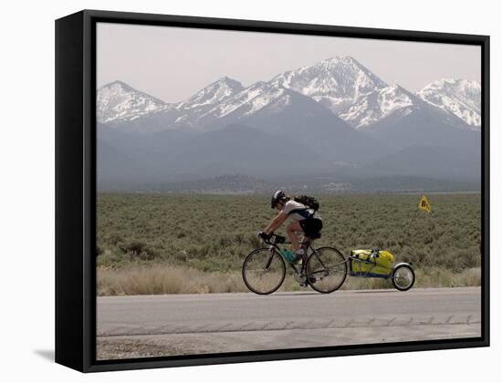 Cross-Country Bicyclist, US Hwy 50, Toiyabe Range, Great Basin, Nevada, USA-Scott T. Smith-Framed Stretched Canvas