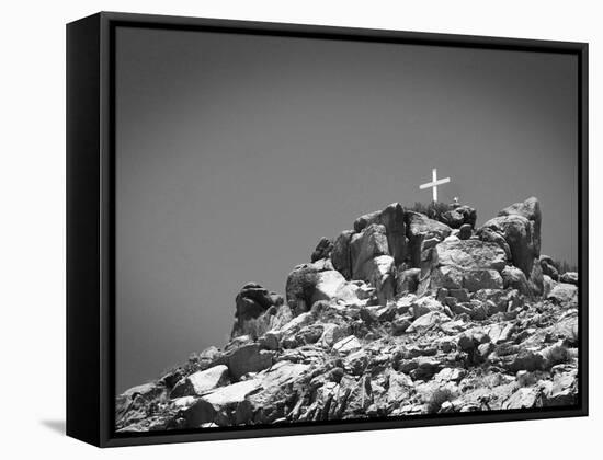 Cross on Top of Sandia Mountain Boulder Mound Landscape in Black and White, New Mexico-Kevin Lange-Framed Stretched Canvas