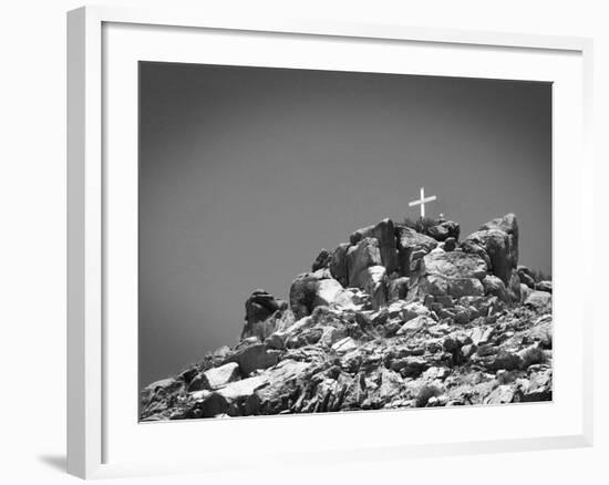 Cross on Top of Sandia Mountain Boulder Mound Landscape in Black and White, New Mexico-Kevin Lange-Framed Photographic Print