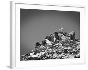 Cross on Top of Sandia Mountain Boulder Mound Landscape in Black and White, New Mexico-Kevin Lange-Framed Photographic Print