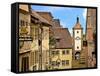 Cross Timbered Houses and Clock Tower, Rothenburg Ob Der Tauber, Germany-Miva Stock-Framed Stretched Canvas