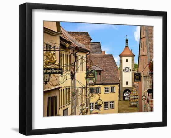 Cross Timbered Houses and Clock Tower, Rothenburg Ob Der Tauber, Germany-Miva Stock-Framed Premium Photographic Print