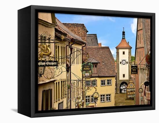 Cross Timbered Houses and Clock Tower, Rothenburg Ob Der Tauber, Germany-Miva Stock-Framed Stretched Canvas