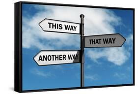 Crossroad Signpost Saying This Way, that Way, Another Way Concept for Lost, Confusion or Decisions-Flynt-Framed Stretched Canvas
