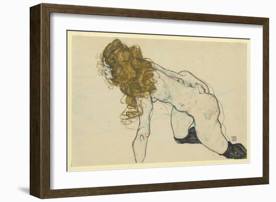 Crouching Female Nude with Blonde Hair and Resting Left Arm (Recto), 1914 (Gouache and Pencil on Pa-Egon Schiele-Framed Giclee Print