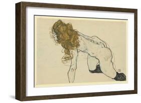 Crouching Female Nude with Blonde Hair and Resting Left Arm (Recto), 1914 (Gouache and Pencil on Pa-Egon Schiele-Framed Giclee Print