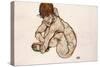 Crouching Nude Girl - Schiele, Egon (1890-1918) - 1914 - Black Chalk, Gouache on Paper - 31,5X48,2-Egon Schiele-Stretched Canvas