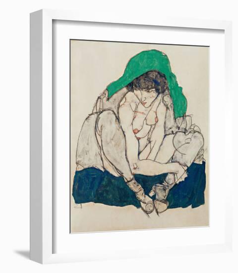 Crouching Woman with Green Headscarf-Egon Schiele-Framed Giclee Print