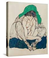 Crouching Woman with Green Headscarf-Egon Schiele-Stretched Canvas
