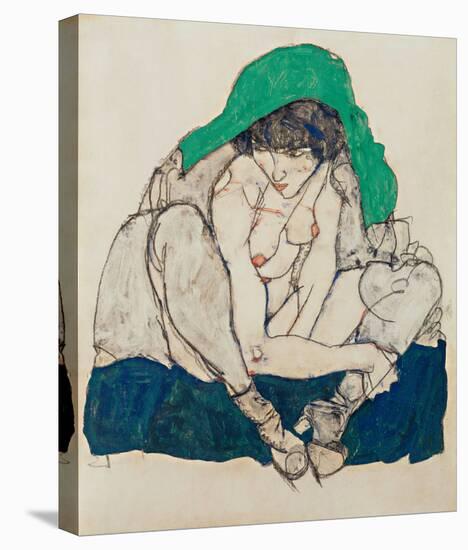 Crouching Woman with Green Headscarf-Egon Schiele-Stretched Canvas