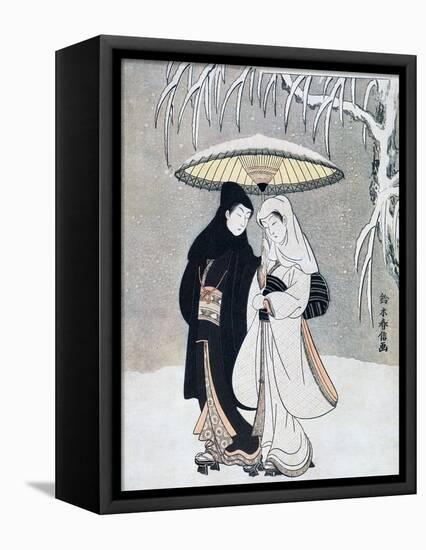 Crow and Heron, or Young Lovers Walking Together under an Umbrella in a Snowstorm, C1769-Suzuki Harunobu-Framed Stretched Canvas