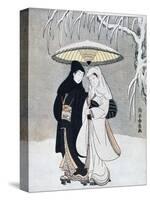 Crow and Heron, or Young Lovers Walking Together under an Umbrella in a Snowstorm, C1769-Suzuki Harunobu-Stretched Canvas