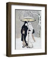 Crow and Heron, or Young Lovers Walking Together under an Umbrella in a Snowstorm, C1769-Suzuki Harunobu-Framed Giclee Print