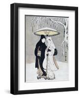 Crow and Heron, or Young Lovers Walking Together under an Umbrella in a Snowstorm, C1769-Suzuki Harunobu-Framed Premium Giclee Print