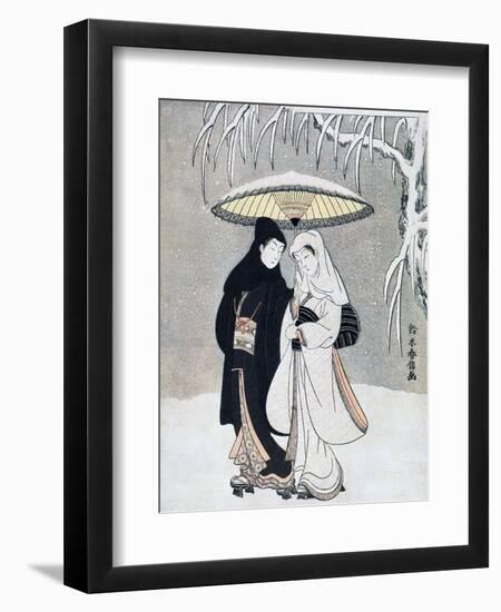 Crow and Heron, or Young Lovers Walking Together under an Umbrella in a Snowstorm, C1769-Suzuki Harunobu-Framed Premium Giclee Print