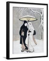 Crow and Heron, or Young Lovers Walking Together under an Umbrella in a Snowstorm, C1769-Suzuki Harunobu-Framed Giclee Print