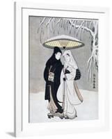 Crow and Heron, or Young Lovers Walking Together under an Umbrella in a Snowstorm, C1769-Suzuki Harunobu-Framed Giclee Print