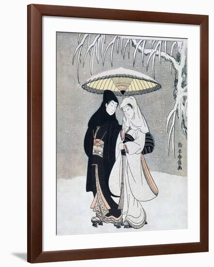 Crow and Heron, or Young Lovers Walking Together under an Umbrella in a Snowstorm, C1769-Suzuki Harunobu-Framed Giclee Print