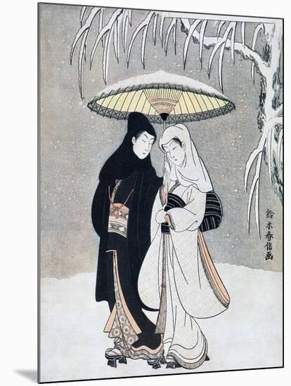 Crow and Heron, or Young Lovers Walking Together under an Umbrella in a Snowstorm, C1769-Suzuki Harunobu-Mounted Giclee Print
