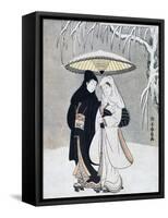 Crow and Heron, or Young Lovers Walking Together under an Umbrella in a Snowstorm, C1769-Suzuki Harunobu-Framed Stretched Canvas