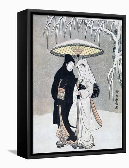 Crow and Heron, or Young Lovers Walking Together under an Umbrella in a Snowstorm, C1769-Suzuki Harunobu-Framed Stretched Canvas
