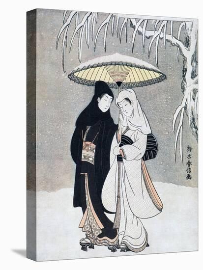 Crow and Heron, or Young Lovers Walking Together under an Umbrella in a Snowstorm, C1769-Suzuki Harunobu-Stretched Canvas