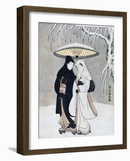 Crow and Heron, or Young Lovers Walking Together under an Umbrella in a Snowstorm, C1769-Suzuki Harunobu-Framed Giclee Print