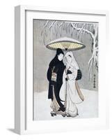 Crow and Heron, or Young Lovers Walking Together under an Umbrella in a Snowstorm, C1769-Suzuki Harunobu-Framed Giclee Print