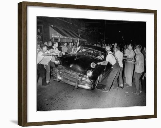 Crowd Attacking Cars Driven by African Americans to Protest Integration in the Schools-null-Framed Photographic Print