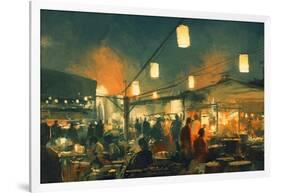 Crowd of People Walking in the Market at Night,Digital Painting-Tithi Luadthong-Framed Art Print