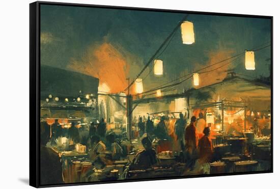 Crowd of People Walking in the Market at Night,Digital Painting-Tithi Luadthong-Framed Stretched Canvas