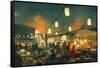 Crowd of People Walking in the Market at Night,Digital Painting-Tithi Luadthong-Framed Stretched Canvas