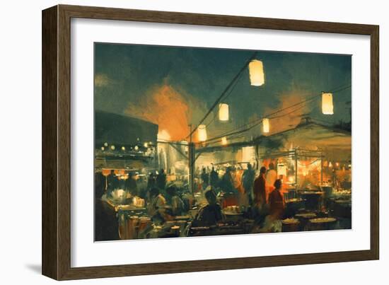 Crowd of People Walking in the Market at Night,Digital Painting-Tithi Luadthong-Framed Art Print