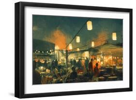 Crowd of People Walking in the Market at Night,Digital Painting-Tithi Luadthong-Framed Art Print