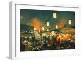 Crowd of People Walking in the Market at Night,Digital Painting-Tithi Luadthong-Framed Art Print