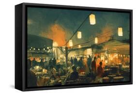 Crowd of People Walking in the Market at Night,Digital Painting-Tithi Luadthong-Framed Stretched Canvas