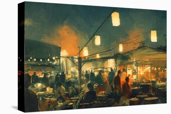 Crowd of People Walking in the Market at Night,Digital Painting-Tithi Luadthong-Stretched Canvas