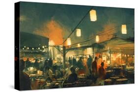 Crowd of People Walking in the Market at Night,Digital Painting-Tithi Luadthong-Stretched Canvas