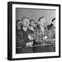 Crowd of Steel Workers Singing "The Star Spangled Banner"-null-Framed Photographic Print