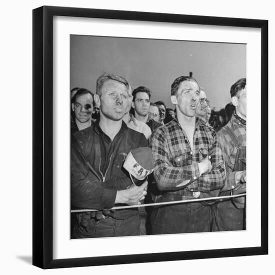 Crowd of Steel Workers Singing "The Star Spangled Banner"-null-Framed Photographic Print