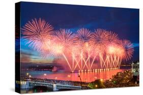 Crowd on Palace Bridge Look at Beautiful Fireworks at Night in St. Petersburg, Russia. I Have Only-Paha_L-Stretched Canvas