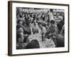 Crowded Outdoor Cafe in Rapallo, People Seated around Small Tables, Waiter Passing Through-null-Framed Photographic Print