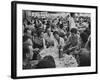 Crowded Outdoor Cafe in Rapallo, People Seated around Small Tables, Waiter Passing Through-null-Framed Photographic Print